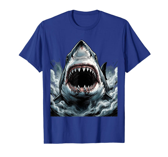 Mademark Great White Shark Emerging From Fog Illustration T-Shirt - Royal Blue