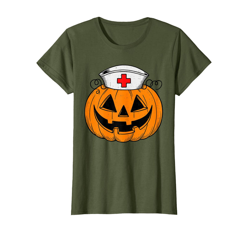 Halloween Tees for Women Men Kids Funny Pumpkin Nurse Scary Halloween Costume RN CNA ICU Women T-Shirt - Olive Green