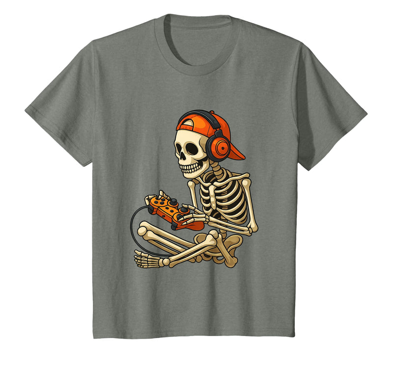 VibeKilla Video Game Halloween Skeleton Gamer Costume T-Shirt - Olive Heather