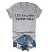 Nusyouc Life Happens Horses Help Equestrian T-Shirt Vintage Horse Lover T Shirt Tops - Grey-vneck