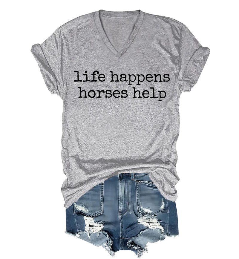 Nusyouc Life Happens Horses Help Equestrian T-Shirt Vintage Horse Lover T Shirt Tops - Grey-vneck