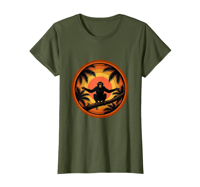 Mademark Monkey Silhouette Tropical Sunset Graphic T-Shirt - Women - Olive Green