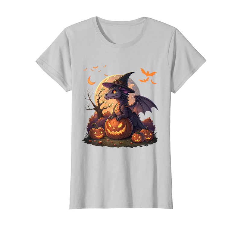 Halloween Dragons Fantasy Spooky Witchy Cute Halloween Dragon Witch Hat Pumpkin Moon Fantasy T-Shirt - Silver Grey