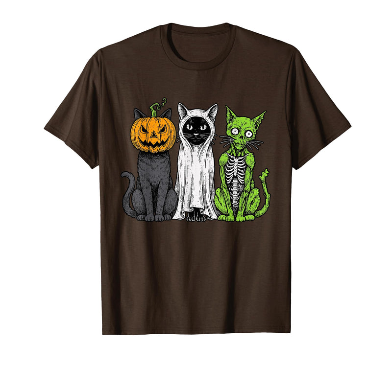 Halloween Tees for Women Men Kids Skeleton Cat Pumpkin Ghost Halloween Kitty Meow Girl Boy Kid T-Shirt - Brown