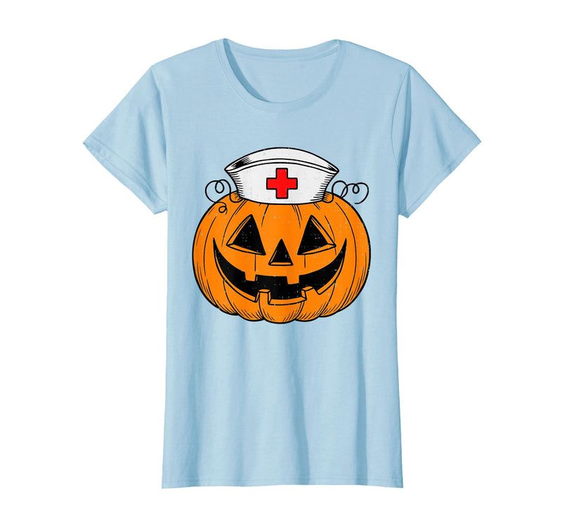 Halloween Tees for Women Men Kids Funny Pumpkin Nurse Scary Halloween Costume RN CNA ICU Women T-Shirt - Baby Blue