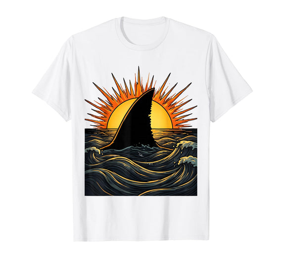 Mademark Shark Fin Silhouette Blazing Sunset Graphic T-Shirt - White