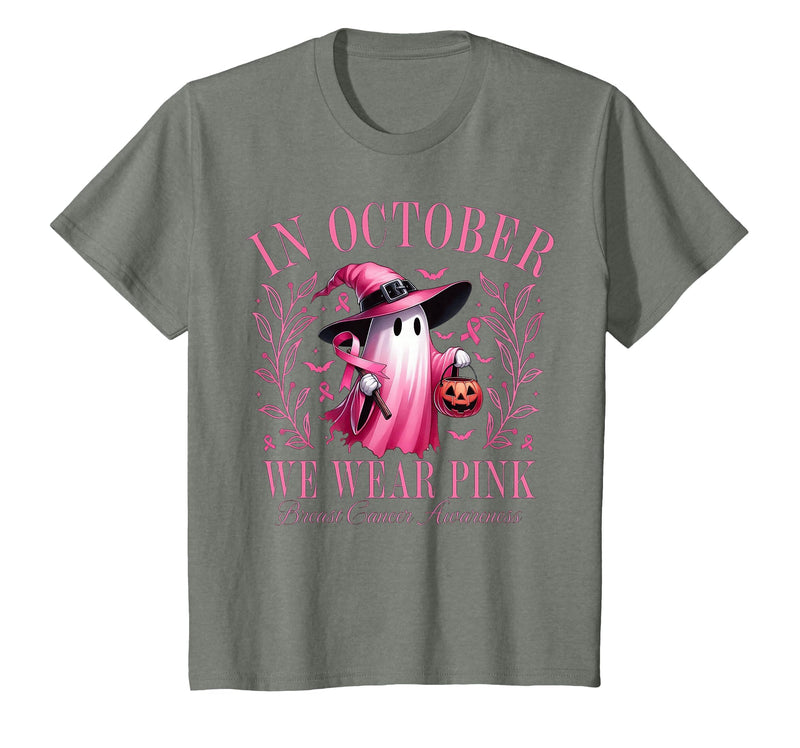Ghost October Wear Pink Breast Cancer t -shir t Halloween Pink Ghost in October We Wear Pink Breast Cancer T-Shirt - Olive