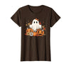 Ghost Halloween Flower Costume Floral Women Cute Ghost with Flower Halloween Pumpkin Autumn Women T-Shirt - Brown