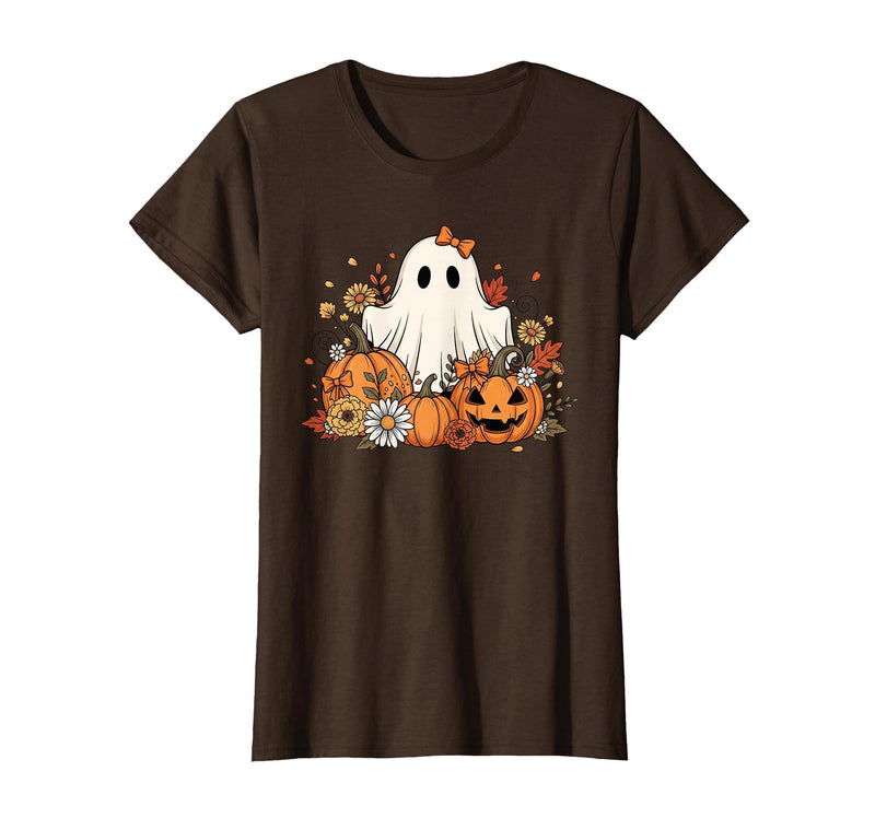 Ghost Halloween Flower Costume Floral Women Cute Ghost with Flower Halloween Pumpkin Autumn Women T-Shirt - Brown