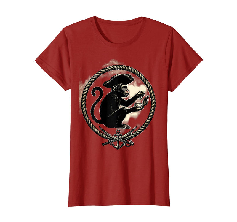 Mademark Pirate Monkey with Stolen Pocket Watch Design T-Shirt - Women - Cranberry Red