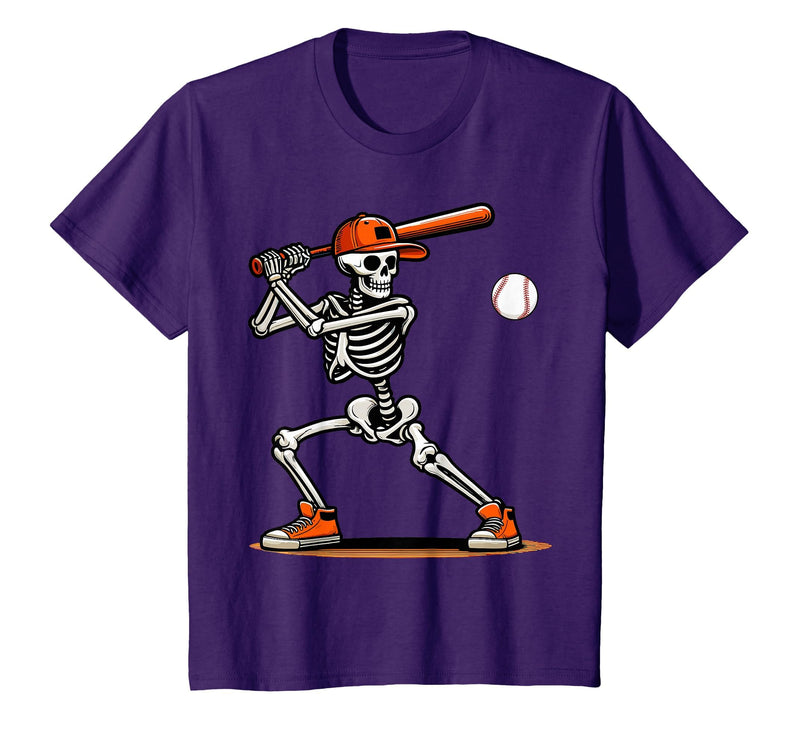 Funny Halloween Skeleton Sports Boys Costume Baseball Skeleton Spooky Boys Halloween Baseball Player T-Shirt - Purple