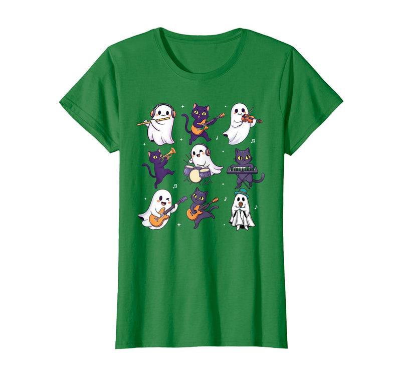 Halloween Music Teacher Ghost Music Lover Cute Ghost Cat Playing Musical Halloween Music Teacher T-Shirt - Kelly Green