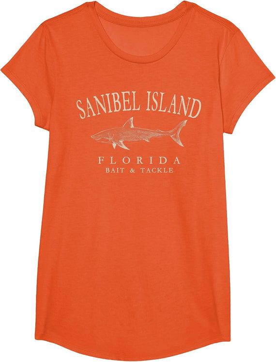 Sanibel Island Florida Shark Vintage Ivory Art Fishing T-Shirt - Girls Orange