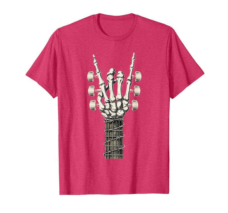Rock and Wear Gifts Men Women Kids Skeleton Guitar Hand Rock On Guitarist Rock Band Music T-Shirt - Red Heather