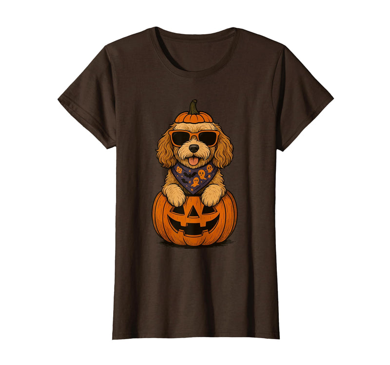 Funny Retro Maltipoo mom Halloween Spooky Cavapoo Pumpkin Halloween Doodle Dog Lover T-Shirt - Brown
