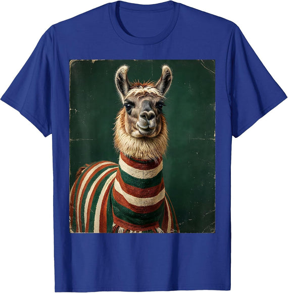 Llama in Colorful Striped Poncho Illustration T-Shirt - Royal Blue