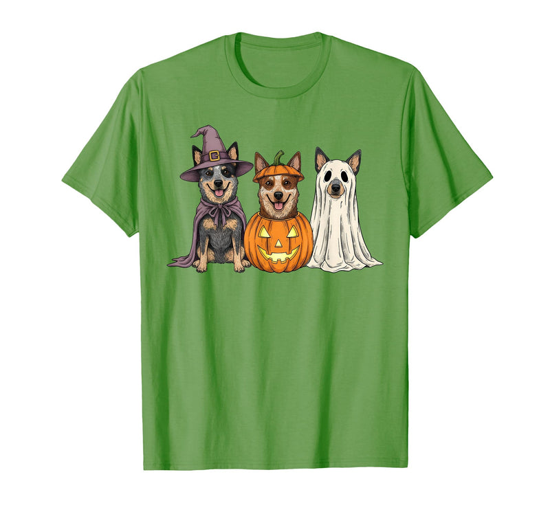 Funny Retro Australian Cattle Dog Halloween Witch Spooky Ghost Blue Heeler Pumpkin Halloween Dog Lover T-Shirt - Grass Green