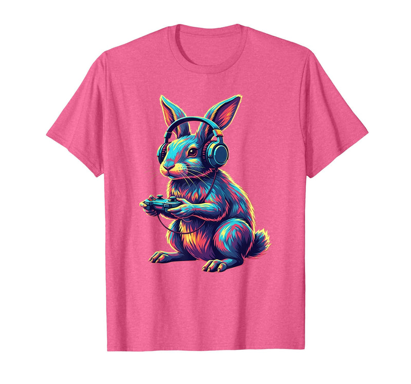 Rabbit Gaming Animal Video Games Funny Rabbit T-Shirt in Pink Heather
