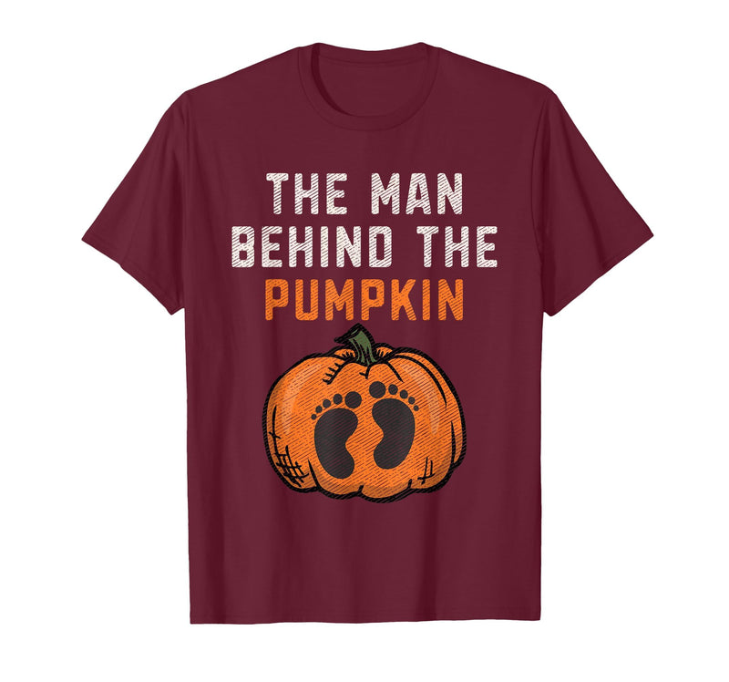 Halloween Pregnancy Announcement for Future Dad The Man Behind The Pumpkin Dad Halloween Pregnancy Reveal T-Shirt - Burgundy