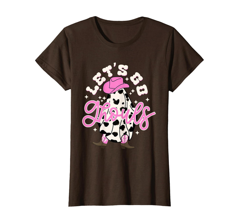 Let's Go Ghouls Cow Print Halloween Costumes Let's Go Ghouls Cowgirl Western Spooky Halloween Cute Retro T-Shirt - Brown