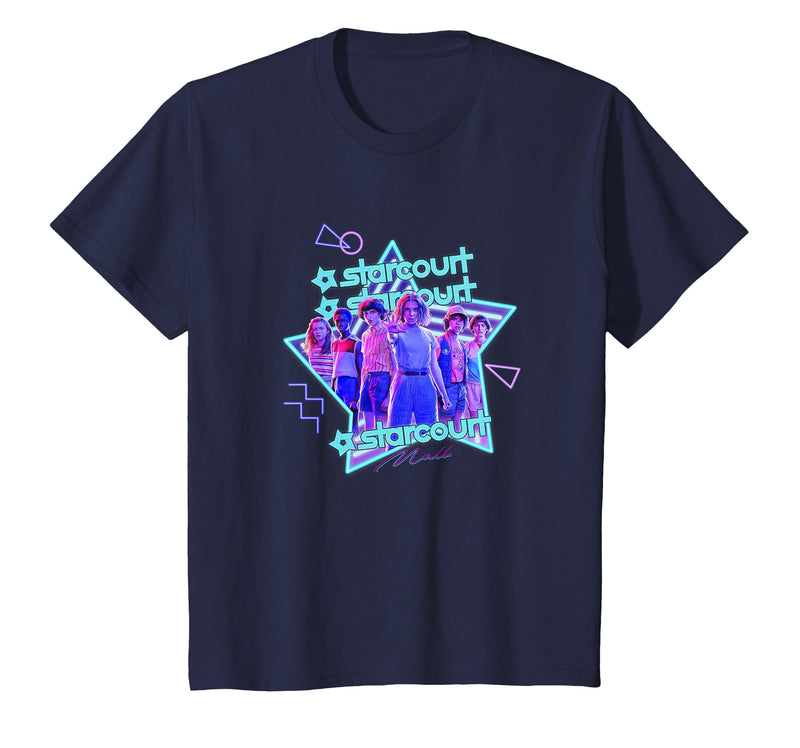 Stranger Things Starcourt Mall Vintage Neon Group Portrait T-Shirt - Navy Blue