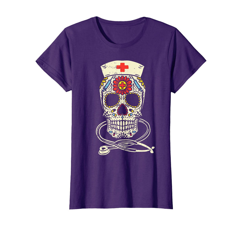 Halloween Nurse Shirts For Women Scrub Costumes Nurse Sugar Skull Stethoscope RN Medical Halloween Costume T-Shirt - Purple