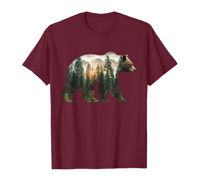 Bear Designs. Bear Forest Mountains Trees Nature Sunset Outdoor Graphic T-Shirt - Burgundy