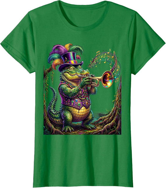 Women's Mardi Gras Jazz Crocodile Swamp Illustration T-Shirt - Kelly Green