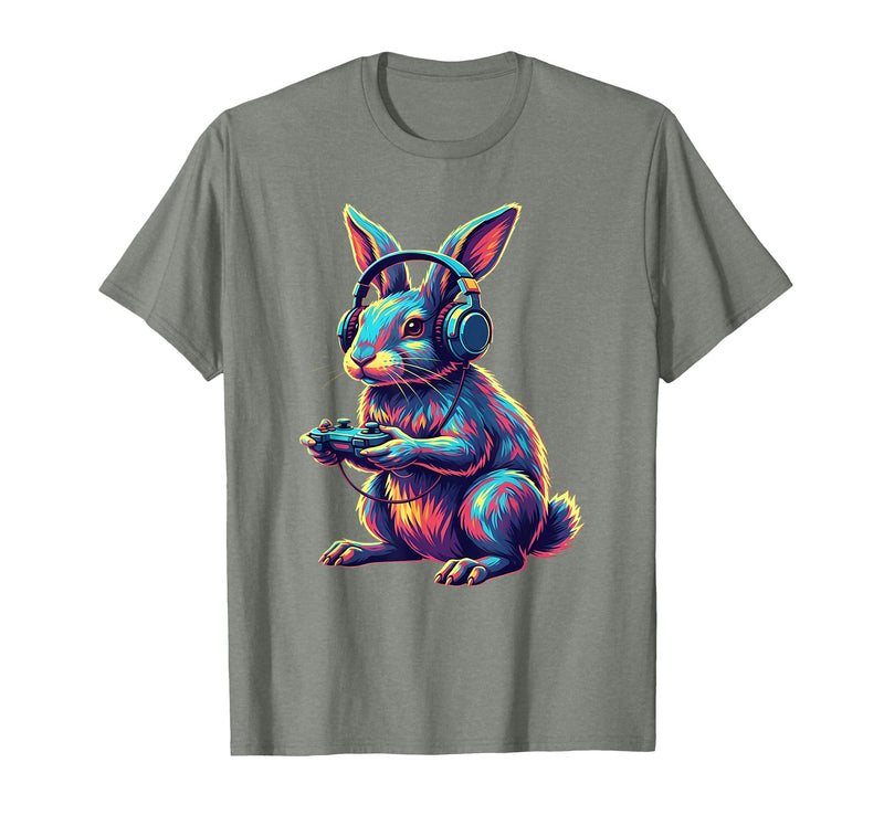 Rabbit Gaming Animal Video Games Funny Rabbit T-Shirt in Olive Heather