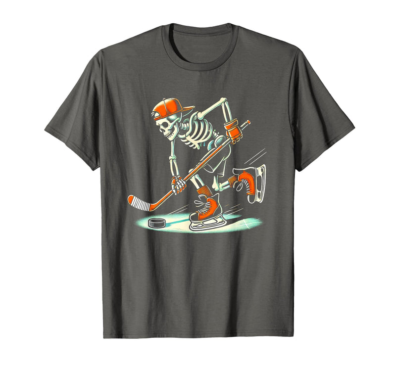 Halloween Costume For Hockey Lovers Funny Skeleton Hockey Halloween for Ice Hockey Lovers T-Shirt - Asphalt Grey