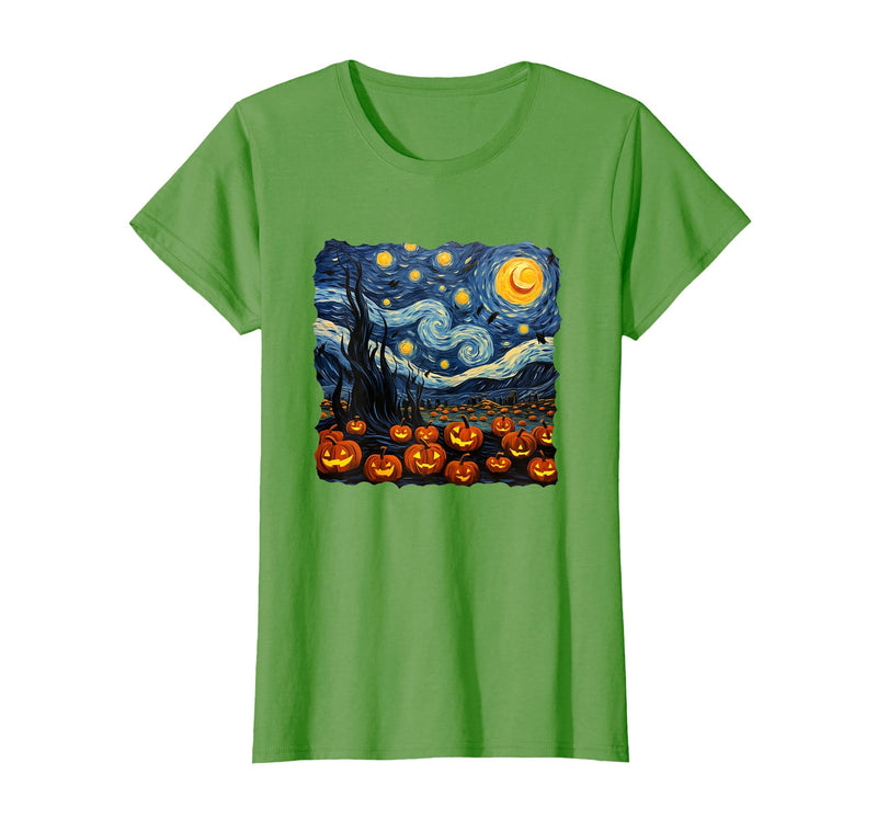 Teacher Halloween by K Halloween Pumpkin Starry Night Van Gogh Funny Art Teacher T-Shirt - Grass Green