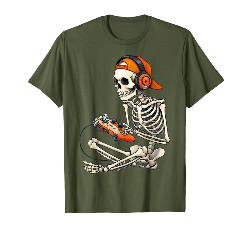 Halloween Skeleton Shirts for Gamers Men Boys Kids Halloween Skeleton Gamer Video Gaming Boys Men Kids Funny T-Shirt - Olive
