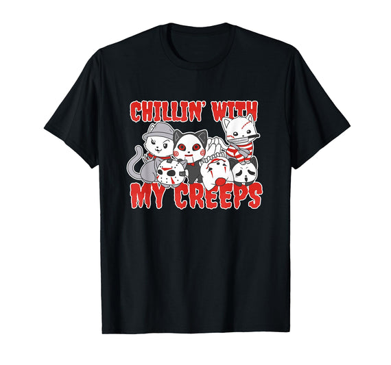 Chillin With My Creeps Apparel Chillin with My Creeps Cat Horror Killer Halloween Costume T-Shirt - Black