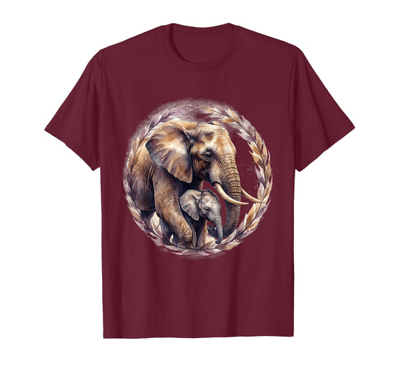 Mademark Elephant Love Gentle Trunk Embrace Wildlife Art T-Shirt - Men - Burgundy