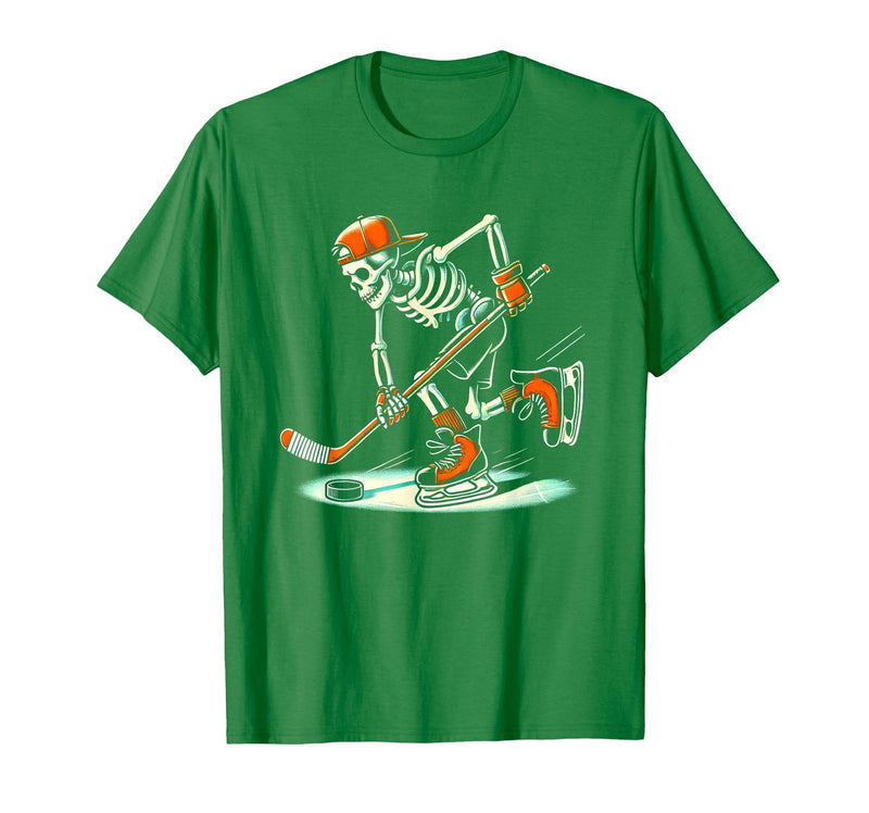 Halloween Costume For Hockey Lovers Funny Skeleton Hockey Halloween for Ice Hockey Lovers T-Shirt - Kelly Green