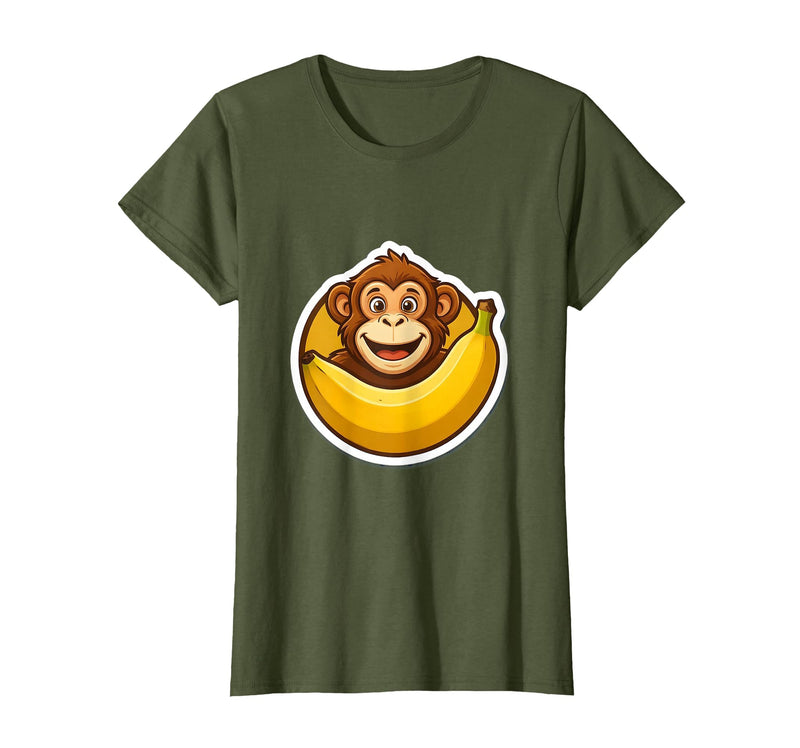 Mademark Monkey Eating Oversized Banana Slice Graphic T-Shirt - Women - Olive Green