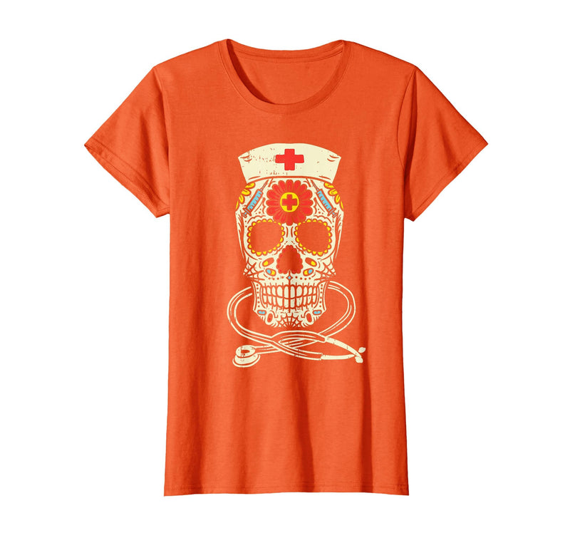 Halloween Nurse Shirts For Women Scrub Costumes Nurse Sugar Skull Stethoscope RN Medical Halloween Costume T-Shirt - Orange