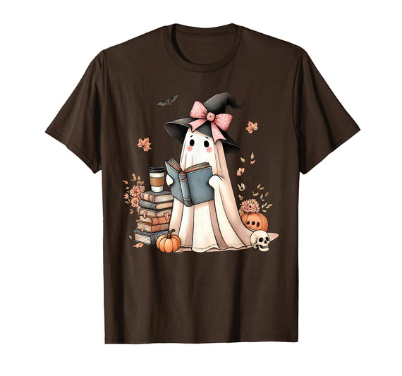 Ghost Reading Book Halloween Tee Gifts Retro Halloween Ghost Reading Books Teacher T-Shirt - Brown