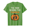 Halloween Pregnancy Announcement for Future Dad The Man Behind The Pumpkin Dad Halloween Pregnancy Reveal T-Shirt - Grass