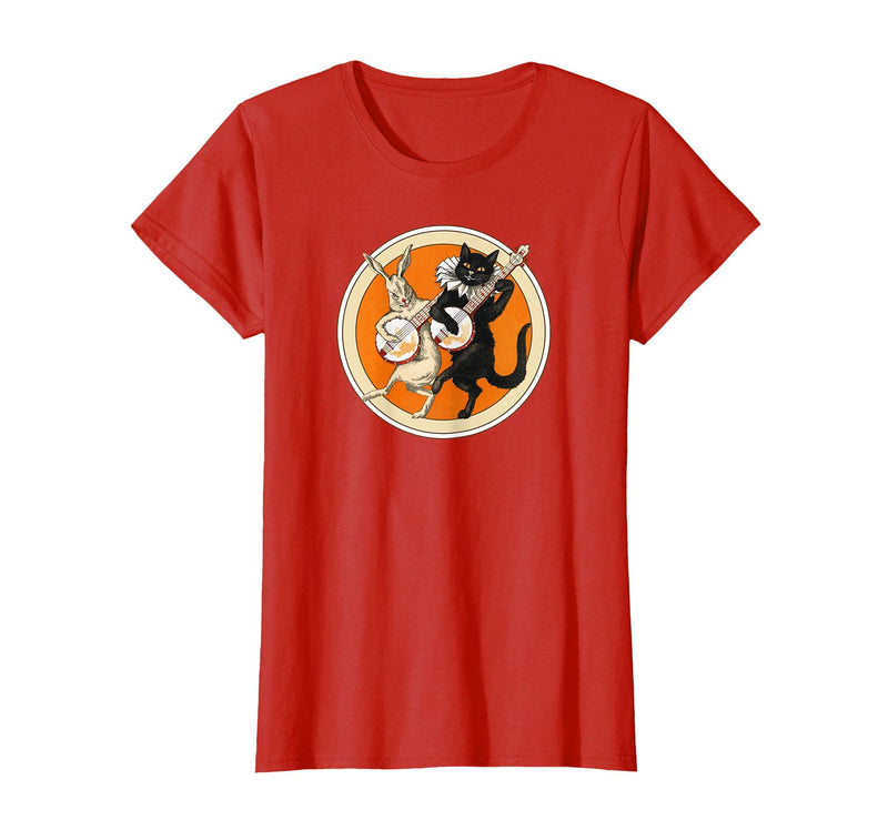 The Persnickety Owl Vintage Halloween Ephemera The Black Cat Magazine Halloween Cat Rabbit and Banjo T-Shirt - Red
