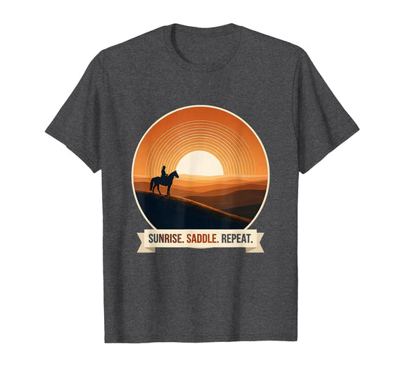 Mademark Sunrise Saddle Repeat Horse Rider Silhouette Design T-Shirt - Men - Dark Heather Grey