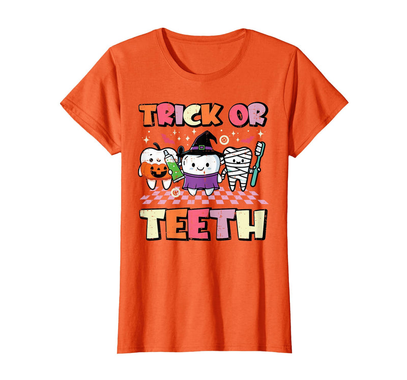 Halloween Shirts For Women Men Kids Boys Girls Halloween Dentist Trick Or Teeth Dental Costume Men Women T-Shirt - Orange