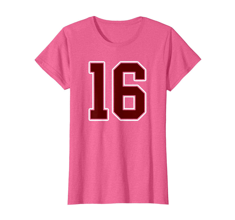Maroon Number 16 Jersey Player Uniform #16 Gifts Maroon and White Number 16 Jersey Player Uniform #16 Fan T-Shirt - Pink