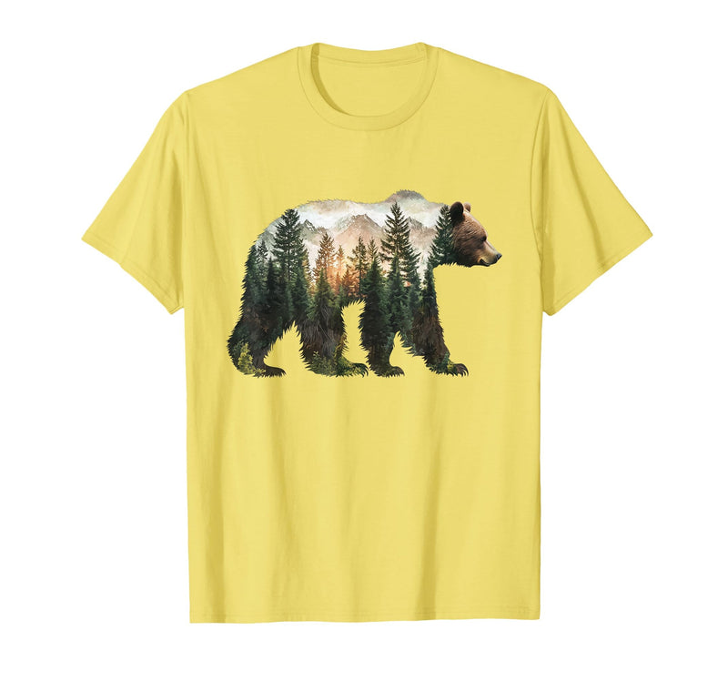 Bear Designs. Bear Forest Mountains Trees Nature Sunset Outdoor Graphic T-Shirt - Lemon Yellow