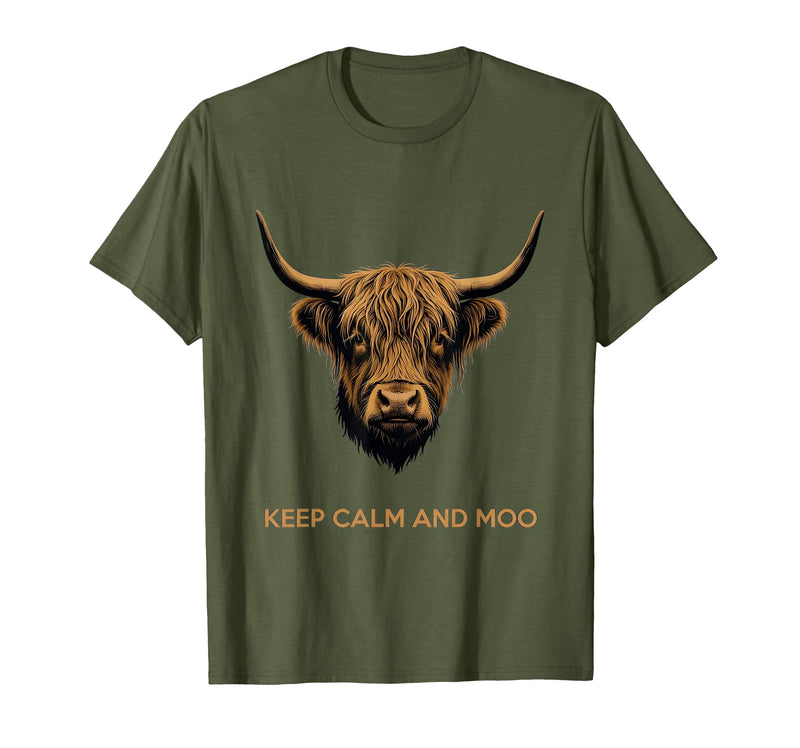 Mademark Keep Calm and Moo Highland Cow Design T-Shirt - Olive Green