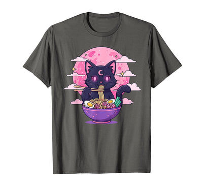 Cat Ramen Japanese Funny Graphic Anime Tees Pastel Goth Aesthetic Kawaii Creepy Cat Eating Ramen Noodles T-Shirt