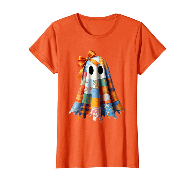 Patchwork Quilt Ghost Halloween Quilter Autumn Tee Patchwork Ghost Quilt Halloween Quilter Fall Autumn Bow Cute T-Shirt -