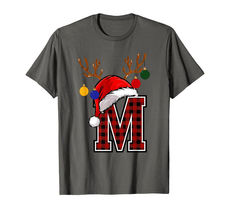 Christmas Buffalo Plaid Alphabet Tees Letter M Name Initial Buffalo Plaid Alphabet Monogram T-Shirt - Asphalt Grey
