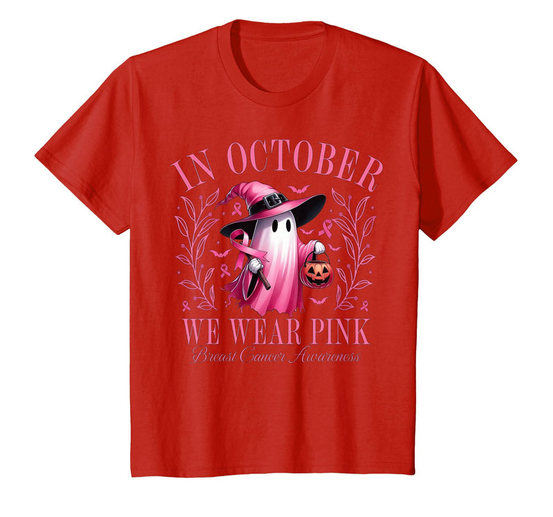 Ghost October Wear Pink Breast Cancer t -shir t Halloween Pink Ghost in October We Wear Pink Breast Cancer T-Shirt - Red