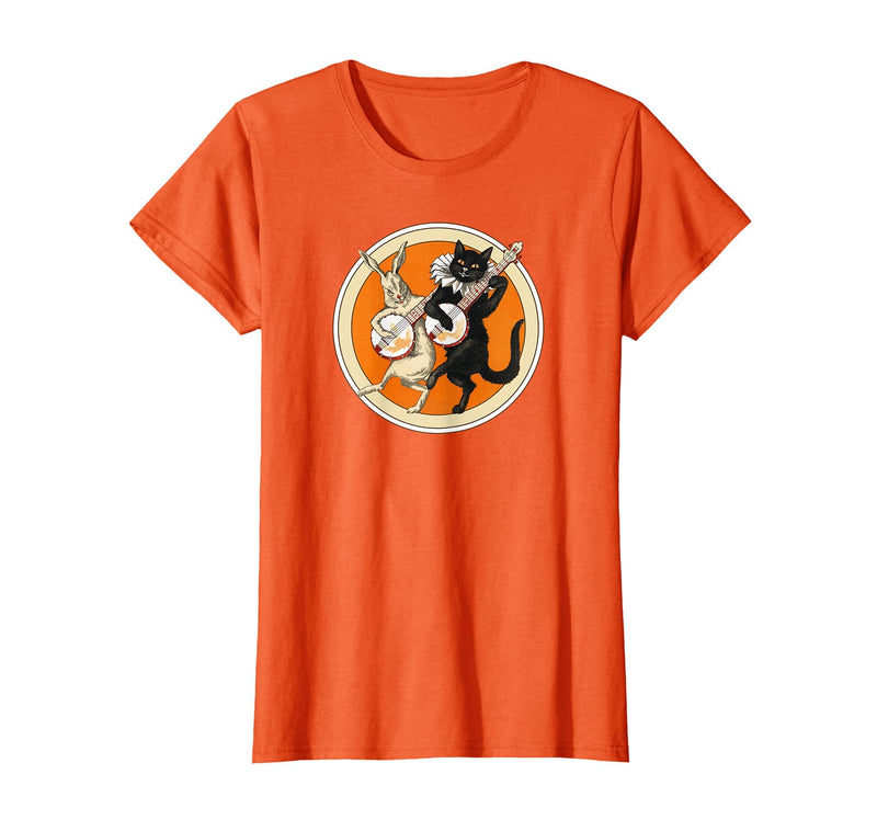 The Persnickety Owl Vintage Halloween Ephemera The Black Cat Magazine Halloween Cat Rabbit and Banjo T-Shirt - Orange